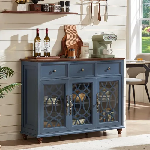 Miniatura 13 de Joaxswe Aparador de estilo rústico con almacenamiento, credenza grande de 59 pulgadas con 4 puertas de vidrio y 2 cajones, estantes ajustables, mesa