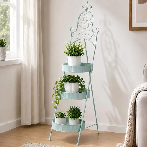 Miniatura 10 de Soporte de cerámica de mosaico de 3 niveles para plantas, soporte plegable de hierro forjado, no requiere montaje, estante para plantas de ahorro