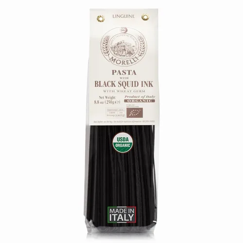 Morelli Squid Ink Pasta Linguine - Fideos de pasta negra orgánica, sémola de trigo duro, italiano Nero Di Seppia, hecho en Italia, 8.8 oz / 250 g