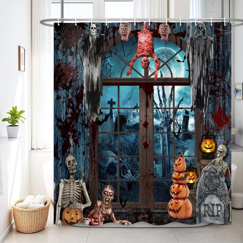 Renaiss Cortina de ducha de Halloween de 60 x 72 pulgadas para decoración de Halloween, divertido esqueleto para el hogar, espeluznante calabaza,