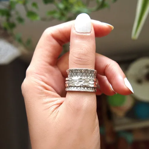 Miniatura 3 de Boho-Magic Anillo giratorio de plata de ley 925 para mujer flor de la vida Fidget anillos banda