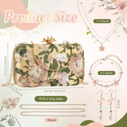 Miniatura 2 de 4 Pcs Vintage Floral Embroidered Clutch Jewelry Set, Evening Handbag Necklace Earrings Bracelet Wedding Gift Prom Christmas