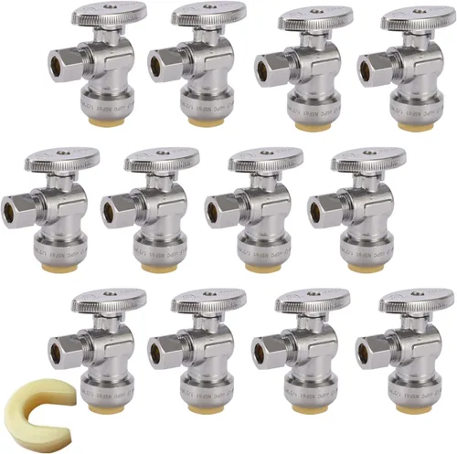 Miniatura 11 de Válvula de parada de ángulo de giro de 1/4, válvula de cierre de agua de compresión de 1/2 x 3/8 pulgadas con clip de desconexión, para PEX, cobre