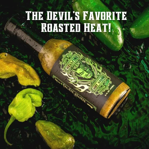 Miniatura 4 de Hellfire Hot Sauce Devil's Blend - Salsa Verde Gourmet picante picante de Carolina Reaper asada al fuego, presentada en el programa de televisión