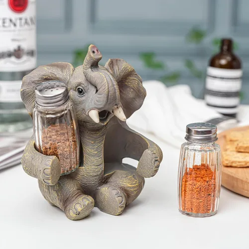 Miniatura 2 de Juego de saleros y pimenteros de elefante con tarros de especias de cristal, dispensador de sal y pimienta con figura de elefante de resina
