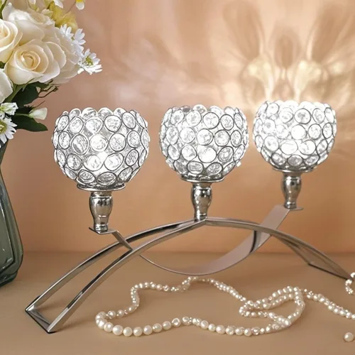 Miniatura 5 de Vidisan Candelabros plateados de 3 brazos, candelabros de cristal, centros de mesa de cristal para bodas, adornos de candelabro de gabinete de Plata