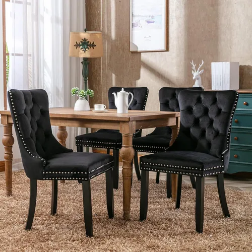 Miniatura 4 de ODUSE-DAILY - Juego de 4 sillas de cocina y comedor de terciopelo negro, tapizadas en tela, respaldo con alas, anilla metálica, estructura