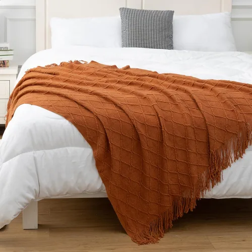 Miniatura 3 de Quinnsus Manta de otoño naranja quemado para sofá, suave y ligera, decorativa, de acrílico, bohemio, manta tejida cálida con borlas para viajes