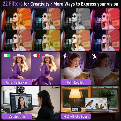 Miniatura 5 de Cámara digital 6K para fotografía con enfoque automático, cámara de videoblogs WiFi de 64 megapíxeles para YouTube con pantalla giratoria de 3" Negro
