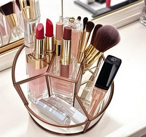 Soporte para brochas de maquillaje giratorio de 360°, organizador de maquillaje, bandeja de perfume, organizador de baño y almacenamiento para