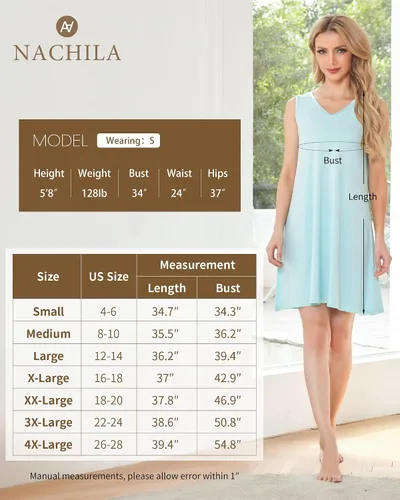Miniatura 2 de NACHILA Camisón de bambú para mujer, ropa de dormir sin mangas, ligero, cuello en V, talla grande, tallas S-4X
