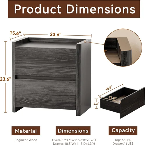 Miniatura 2 de Mesita de noche con 2 cajones de almacenamiento, mesa auxiliar moderna para dormitorio con asa recortada, mesitas de noche grandes para dormitorio