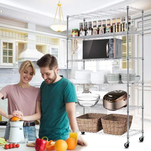 Miniatura 6 de Estantería de alambre NSF resistente para oficina, sótano, cocina, estantes de almacenamiento de metal ajustables con ruedas de 48 x 18 x 82