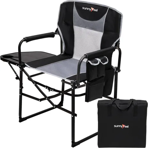 SUNNYFEEL Silla de Directores de Camping, Silla Plegable Portátil de Gran Tamaño con Mesa Lateral, Bolsillo para Playa, Pesca, Viaje, Picnic,