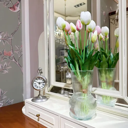 Miniatura 9 de Tulipanes falsos de tacto real premium de 16 pulgadas, flores artificiales con brotes, tallo flexible fácil de moldear, tulipanes sintéticos
