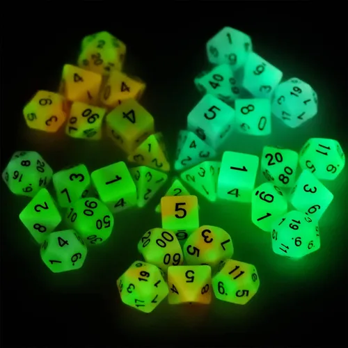 Miniatura 3 de Juego de dados DND que brillan en la oscuridad de 11 x 7 pulgadas (77 piezas) para juegos de rol de mesa de Calabozos y Dragones, con una bolsa