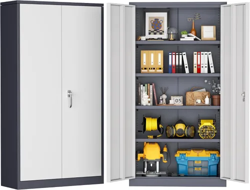Miniatura 15 de Greenvelly Armario de almacenamiento de metal de 72 pulgadas de alto con 2 puertas y 4 estantes ajustables, gabinete de metal negro con cerradura