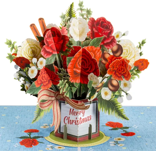 Miniatura 4 de Paper Love Tarjeta de Navidad desplegable, ramo de flores 3D con recuerdo, regalo de decoración navideña, 10 x 7 pulgadas con sobre y etiqueta
