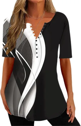 Summer Shirts for Women 2025 Plus Size Short Sleeve Henley Tops Marble Floral Loose Tshirt Tee Casual Dressy Tunics