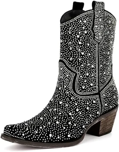 Miniatura 2 de sexytag Botas vaqueras brillantes con diamantes de imitación para mujer, tacón bajo y grueso, punta cuadrada, botines de meter