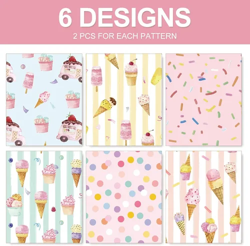 Miniatura 3 de JarThenaAMCS 12 hojas de papel de regalo de helado, papel colorido de regalo de verano, papel de arte de helado pastel a granel, plegado plano