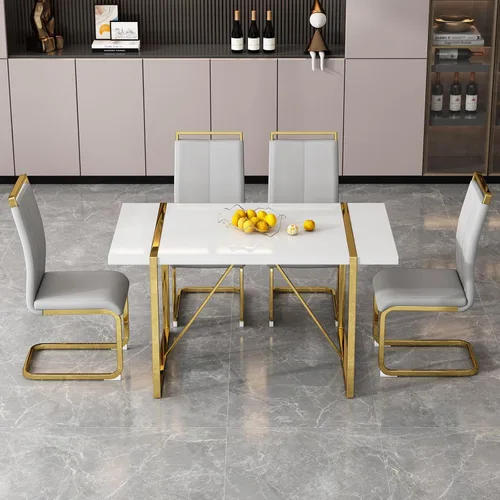 Miniatura 21 de Mesa de comedor Ebullient para 4, mesa de comedor rectangular negra de MDF, tapa de mesa de cena de mármol falso, mesa de comedor moderna con marco