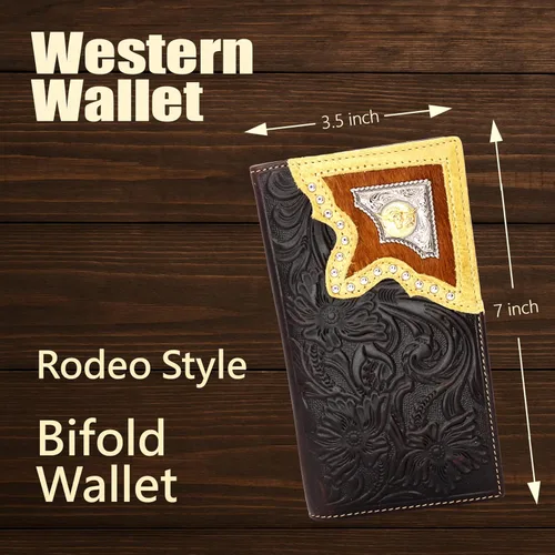 Miniatura 2 de Cartera Western para hombre - Cartera de piel auténtica con incrustaciones y concho (café)
