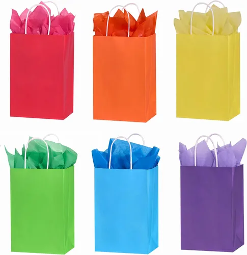 Miniatura 4 de SUNCOLOR Bolsas de regalo negras con asas, paquete de 24 bolsas pequeñas de papel kraft para fiestas, 7.9 x 5.12 x 3.15 pulgadas con papel de seda