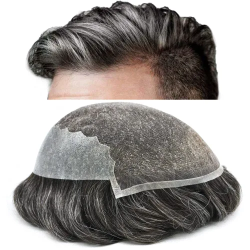Miniatura 28 de Peluca tipo tupé para hombre, sistema de reemplazo de cabello humano europeo indetectable, encaje francés, nudos blanqueados, línea capilar natural