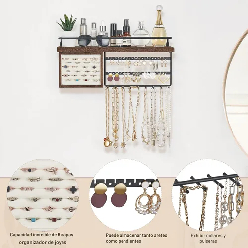 Miniatura 2 de Mkono Organizador de joyas colgante montado en la pared, organizador de joyas con estante de madera rústica, caja de exhibición de anillos, aretes