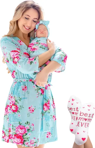 Miniatura 14 de ECO BABY - Conjunto de bata y manta para mamá y yo Bata de maternidad y conjunto de bebé a juego para niña, niño Parto hospitalario y parto