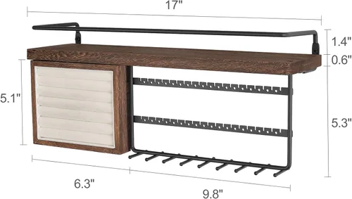 Miniatura 6 de Mkono Organizador de joyas colgante montado en la pared, organizador de joyas con estante de madera rústica, caja de exhibición de anillos, aretes