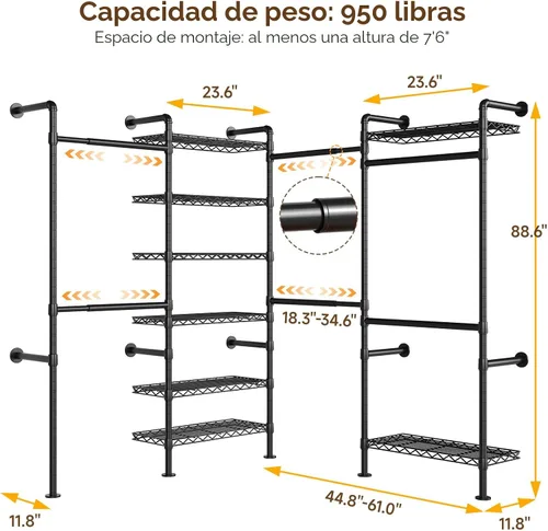 Miniatura 3 de ONBRILL L4 - Perchero industrial de tubería para montar en la pared, sistema organizador de armario con 6 barras de ropa colgantes