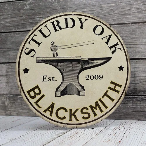 Miniatura 4 de Chico Creek Signs Your Name Blacksmith - Letrero de metal redondo personalizado para decoración de pared, taller, garaje, decoración de pared