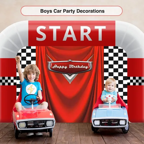 Miniatura 6 de Fondo de cumpleaños de coche con bandera de carreras, 5 x 3 pies, fondo de fotos de carreras a cuadros duradero para decoraciones de cumpleaños