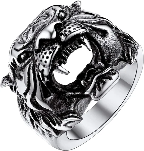 U7 - Anillo para hombre, estilo vintage, de acero inoxidable, color plateado y negro, cabeza de tigrecalaveraojo del mallobo, tamaño 7 a 14
