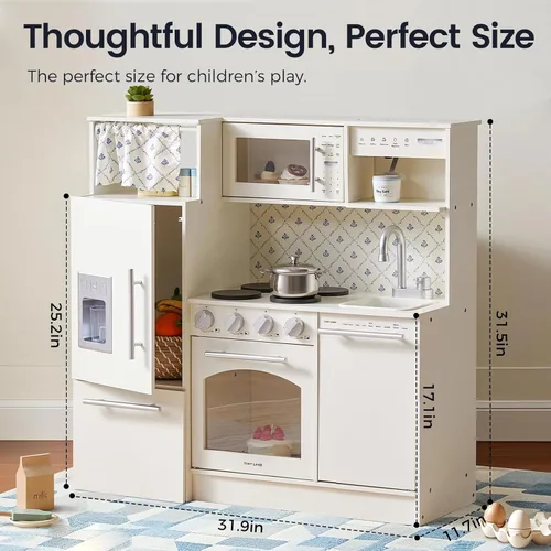Miniatura 6 de Tiny Land Cocina de juego para niños, juguete de cocina de madera mejorado con áreas de juego completas, juego de cocina de simulación con Blanco
