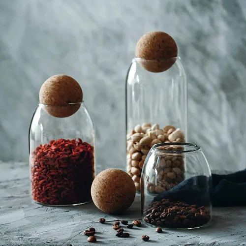 Miniatura 3 de MOLFUJ Frasco de almacenamiento de vidrio de 550ML/18Oz con corcho de bola, lindo frasco organizador decorativo con tapa de madera hermética