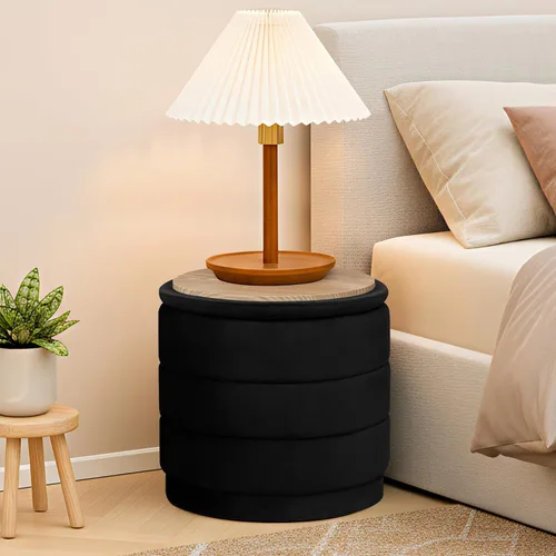 Miniatura 7 de Otomana redonda de terciopelo de 15.4 pulgadas con tapa reversible, reposapiés otomano circular tapizado con almacenamiento oculto, reposapiés Negro