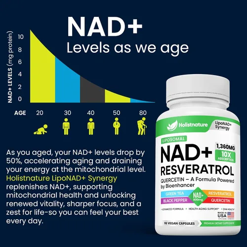 Miniatura 9 de Suplemento NAD+, 1,360 mg de fuerza máxima liposomal Resveratrol, quercetina, té verde Energía celular y envejecimiento saludable para hombres