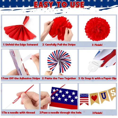 Miniatura 4 de 26 decoraciones del 4 de julio, 250 decoraciones para fanáticos del papel del Día de los Caídos, blanco, azul, rojo, blanco, azul, pancarta del 4