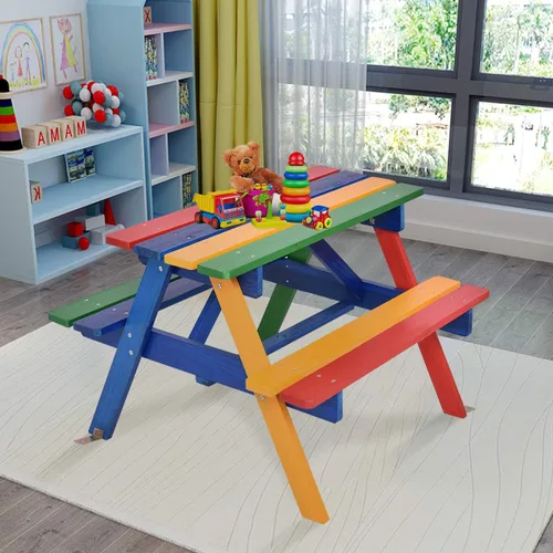 Miniatura 9 de Costzon Mesa de picnic para niños, mesa y sillas de madera de abeto para exteriores con paraguas extraíble, mesa de picnic para niños pequeños