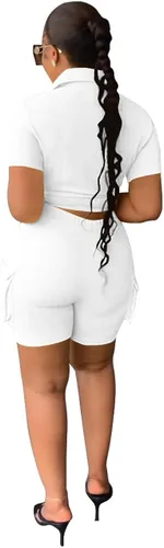 Miniatura 2 de Umenlele Conjunto de 2 piezas para mujer, cuello en V, manga corta, vendaje, camiseta corta con bolsillo