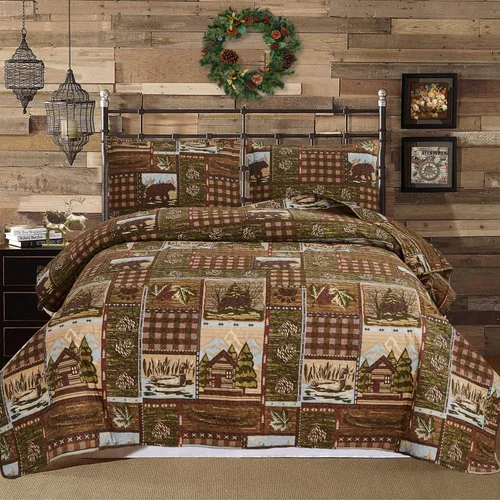 Colcha Lodge Tamaño Queen, Juegos de Colcha de Cabaña Rústica Alce Oso Colcha Cubrecama de Retazos a Cuadros Cubrecama Reversible con Estampado de Té