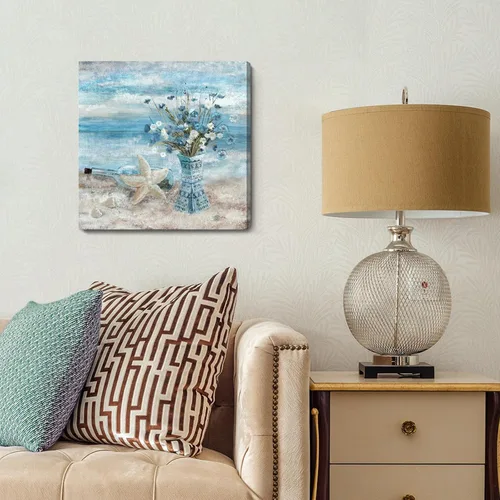 Miniatura 8 de Arte de pared para decoración de baño, imagen de playa azul, tema oceánico, impresión en lienzo de flores, pintura moderna de paisaje marino