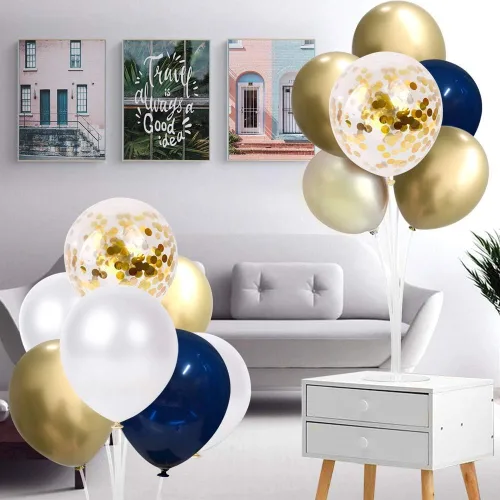 Miniatura 6 de Globos de confeti azul marino y dorados, 50 unidades de 12 pulgadas, globos de cumpleaños de perla blanca y dorados metálicos cromados