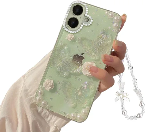 Miniatura 16 de Funda compatible con iPhone 13 Mini 3D, diseño floral de mariposa, transparente con diseño estético, fundas protectoras con purpurina y cristales