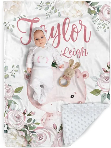 Miniatura 21 de Manta de bebé personalizada, manta de felpa suave con respaldo de puntos de doble capa para niños y niñas, nombre personalizado con diseño de animal