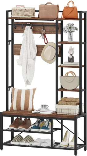 Miniatura 9 de BON AUGURE Perchero con almacenamiento de zapatos, banco de entrada reversible 5 en 1 con ganchos para abrigos para pasillo, perchero de madera