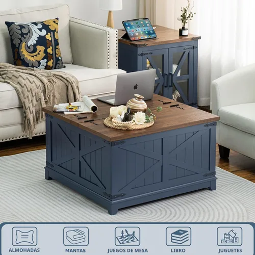 Miniatura 2 de Joaxswe - Mesa de café de granja con organizador de almacenamiento oculto, mesa central cuadrada moderna y grande, mesas bajas de madera estilo Azul